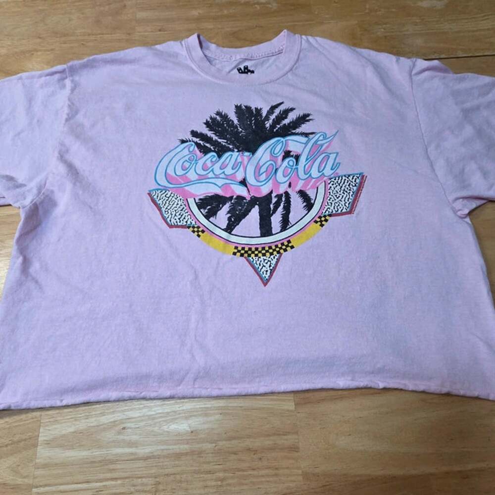 Mighty Fine Coca Cola Pink Crop Graphic Tee Womens L Retro 80s 90s Palm Tree